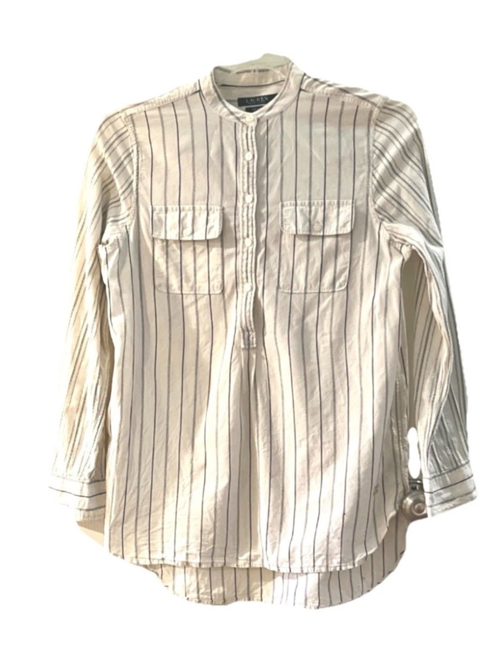 Lauren Ralph Lauren Cream Button-Front Tunic with Navy Stripes M